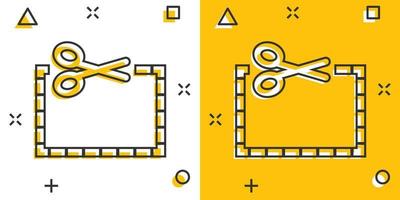 icono de líneas de corte de cupón en estilo cómico. Tijeras snip dibujos animados signo vector ilustración sobre fondo blanco aislado. concepto de negocio de efecto de salpicadura de pegatina de venta.