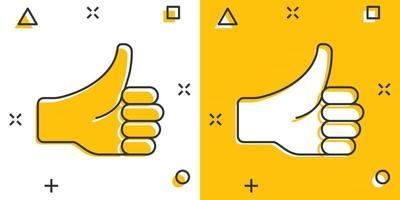 Thumb up icon in comic style. Like gesture cartoon vector illustration on white isolated background. Approval mark splash effect business concept.