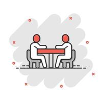 People with table icon in comic style. Teamwork conference cartoon vector illustration on white isolated background. Speaker dialog splash effect business concept.