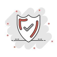 Shield with check mark icon in comic style. Protect cartoon vector illustration on white isolated background. Checkmark guard splash effect business concept.