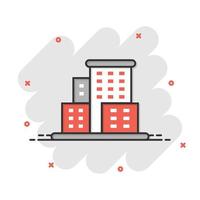 Building icon in comic style. Town skyscraper apartment cartoon vector illustration on white isolated background. City tower splash effect business concept.