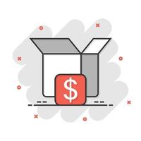 caja de envío con icono de dólar en estilo cómico. Ilustración de vector de dibujos animados de contenedor sobre fondo blanco aislado. concepto de negocio de efecto de salpicadura de paquete de cartón.