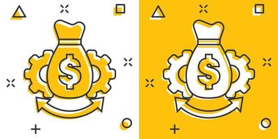 Money optimization icon in comic style. Gear effective cartoon vector illustration on white isolated background. Finance process splash effect business concept.