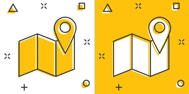 Cartoon map pin icon in comic style. Location gps illustration pictogram. Destination sign splash business concept.
