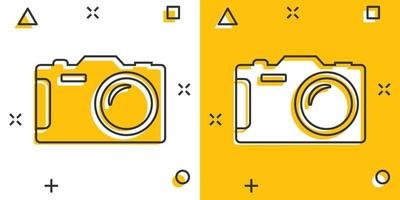 Vector cartoon photo camera icon in comic style. Photographer cam sign illustration pictogram. Camera business splash effect concept.