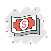 icono de dólar de dinero en estilo cómico. intercambiar ilustración vectorial de dibujos animados en efectivo sobre fondo blanco aislado. concepto de negocio de efecto de salpicadura de billete de banco. vector