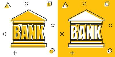 Vector cartoon bank building icon in comic style. Bank sign illustration pictogram. Building business splash effect concept.