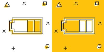 Vector cartoon battery charge level indicator sign icon in comic style. Battery sign illustration pictogram. Accumulator business splash effect concept.