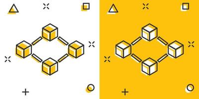 icono de la tecnología blockchain de dibujos animados vectoriales en estilo cómico. Pictograma de ilustración de concepto de bloque de cubo de criptografía. concepto de efecto de salpicadura de negocio de algoritmo blockchain. vector