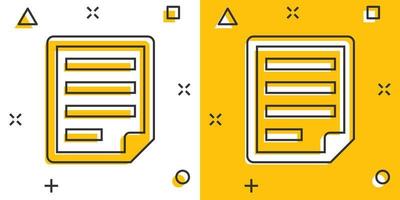 icono de nota de documento en estilo cómico. Pictograma de ilustración de dibujos animados de vector de hoja de papel. efecto de salpicadura de concepto de negocio de documento de bloc de notas.