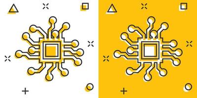 Circuit board icon in comic style. Technology microchip vector cartoon illustration pictogram. Processor motherboard business concept splash effect.