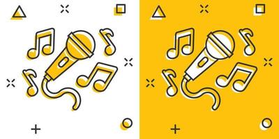 Karaoke music icon in comic style. Microphone speech vector cartoon illustration on white isolated background. Audio equipment business concept splash effect.