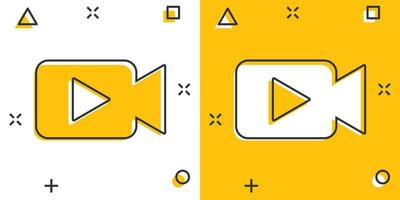 Video camera icon in comic style. Movie play vector cartoon illustration pictogram. Video streaming business concept splash effect.