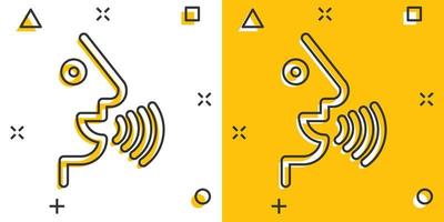 comando de voz con icono de ondas de sonido en estilo cómico. pictograma de ilustración de dibujos animados de vector de control de habla. efecto de salpicadura de concepto de negocio de personas de altavoz.