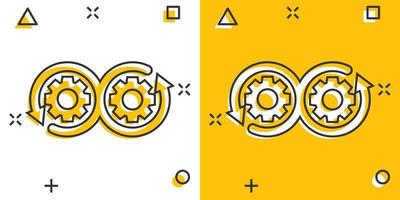 Development icon in comic style. Devops vector cartoon illustration on white isolated background. Cog with arrow business concept splash effect.