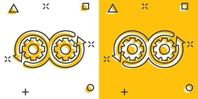 icono de desarrollo en estilo cómico. ilustración de dibujos animados vectoriales devops sobre fondo blanco aislado. cog con efecto de salpicadura de concepto de negocio de flecha. vector