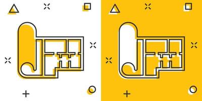 icono de plan de habitación en estilo cómico. ilustración vectorial de dibujos animados de blueprint sobre fondo blanco aislado. concepto de negocio de efecto de salpicadura de proyecto de casa. vector