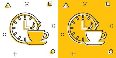 icono de pausa para el café en estilo cómico. reloj con ilustración de vector de dibujos animados de taza de té sobre fondo blanco aislado. concepto de negocio de efecto de salpicadura de tiempo de desayuno.