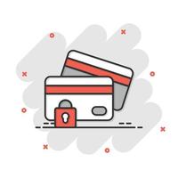 Credit card protection icon in comic style. Safe shopping cartoon vector illustration on white isolated background. Commercial padlock splash effect business concept.