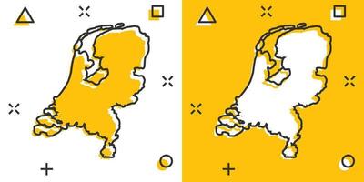 icono de mapa de países bajos de dibujos animados vectoriales en estilo cómico. pictograma de ilustración de signo de países bajos. concepto de efecto de salpicadura de negocio de mapa de cartografía. vector