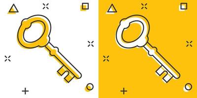 Key icon in comic style. Access login vector cartoon illustration pictogram. Password key business concept splash effect.