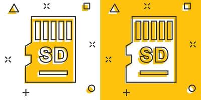 icono de tarjeta micro sd en estilo cómico. ilustración de dibujos animados de vector de chip de memoria sobre fondo blanco aislado. efecto de salpicadura de concepto de negocio de adaptador de almacenamiento.