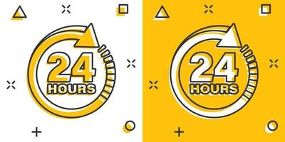 24 hours clock sign icon in comic style. Twenty four hour open vector cartoon illustration on white isolated background. Timetable business concept splash effect.