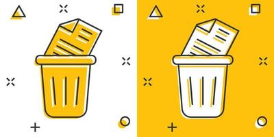 Trash bin with document icon in comic style. Paper recycle cartoon vector illustration on white isolated background. Office garbage splash effect business concept.