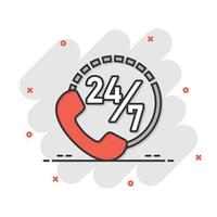 Phone service 24 7 icon in comic style. Telephone talk cartoon vector illustration on white isolated background. Hotline contact splash effect business concept.