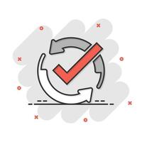 Check mark sign icon in comic style. Confirm button cartoon vector illustration on white isolated background. Accepted splash effect business concept.