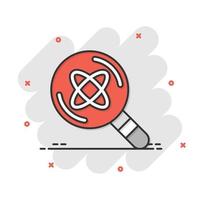 Science magnifier icon in comic style. Virus search cartoon vector illustration on white isolated background. Chemistry dna splash effect business concept.