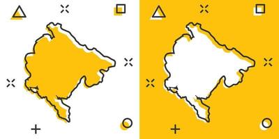 icono de mapa de montenegro de dibujos animados vectoriales en estilo cómico. pictograma de ilustración de signo de montenegro. concepto de efecto de salpicadura de negocio de mapa de cartografía. vector