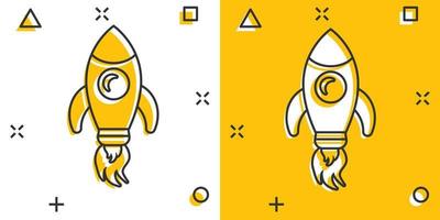 Rocket space ship icon in comic style. Spaceship vector cartoon illustration pictogram. Rocket start business concept splash effect.