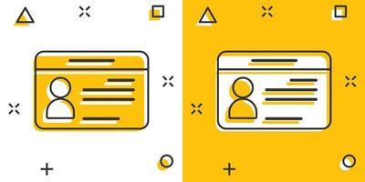 icono de la tarjeta de identificación en estilo cómico. ilustración de dibujos animados de vector de etiqueta de identidad sobre fondo blanco aislado. efecto de salpicadura de concepto de negocio de licencia de conducir.