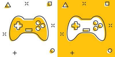 Joystick sign icon in comic style. Gamepad vector cartoon illustration on white isolated background. Gaming console controller business concept splash effect.