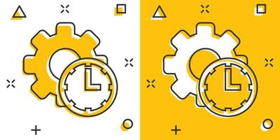 Improvement icon in comic style. Gear project cartoon vector illustration on white isolated background. Productivity splash effect business concept.