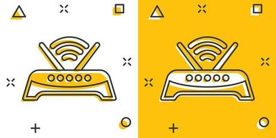 icono de enrutador wifi en estilo cómico. ilustración vectorial de dibujos animados de banda ancha sobre fondo blanco aislado. concepto de negocio de efecto de salpicadura de conexión a Internet. vector