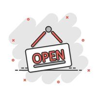 Open sign icon in comic style. Accessibility cartoon vector illustration on white isolated background. Message splash effect business concept.