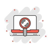 icono de búsqueda de computadora en estilo cómico. portátil con lupa ilustración vectorial de dibujos animados sobre fondo blanco aislado. concepto de negocio de efecto de salpicadura de pantalla de dispositivo. vector