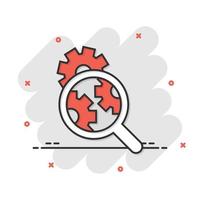 Loupe with gear icon in comic style. Magnifying glass cartoon vector illustration on white isolated background. Seo exploration splash effect business concept.