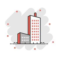 Building icon in comic style. Town skyscraper apartment cartoon vector illustration on white isolated background. City tower splash effect business concept.