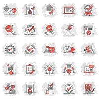 Approve icon set in comic style. Check mark cartoon vector illustration on white isolated background. Tick accepted splash effect business concept.