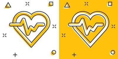 Vector cartoon heartbeat line with heart icon in comic style. Heartbeat concept illustration pictogram. Heart rhythm business splash effect concept.