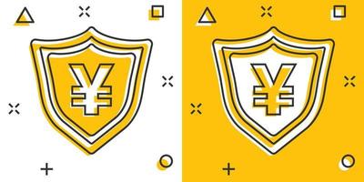 Vector cartoon yen, yuan shield money currency icon in comic style. Yen coin protection concept illustration pictogram. Asia money business splash effect concept.