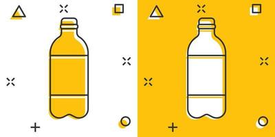 Water bottle icon in comic style. Plastic soda bottle vector cartoon illustration pictogram. Liquid water business concept splash effect.