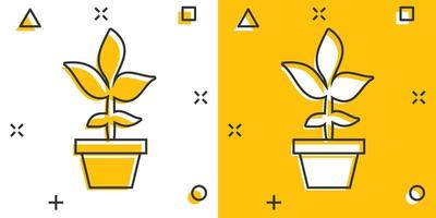 Vector cartoon flower pot icon in comic style. Seedling flower concept illustration pictogram. Floral leaf business splash effect concept.