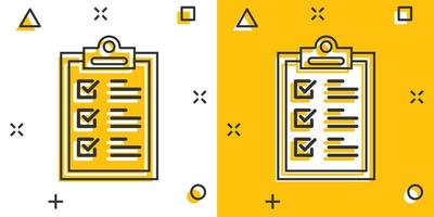 icono de signo de portapapeles de lista de verificación en estilo cómico. ilustración de dibujos animados de vector de lista de documentos sobre fondo blanco aislado. efecto de salpicadura de concepto de negocio de bloc de notas de cuestionario.