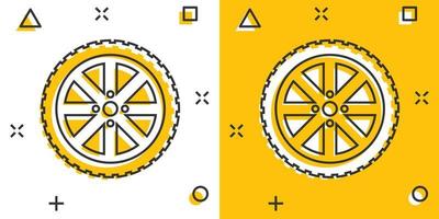 icono de rueda de coche en estilo cómico. ilustración de vector de dibujos animados de parte de vehículo sobre fondo blanco aislado. concepto de negocio de efecto de salpicadura de neumáticos.