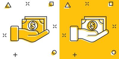 Remuneration icon in comic style. Money in hand cartoon vector illustration on white isolated background. Banknote payroll splash effect business concept.