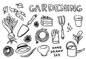 Vector set with hand drawn isolated doodles on the theme of garden, garden tools, agriculture, equipment, harvest. Design sketches